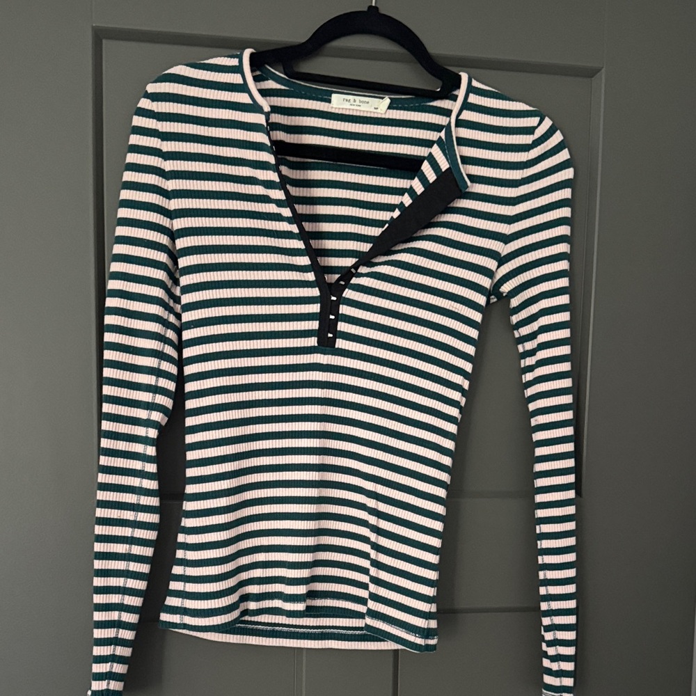 Rag & Bone Green and Pink Striped Long Sleeve Tee